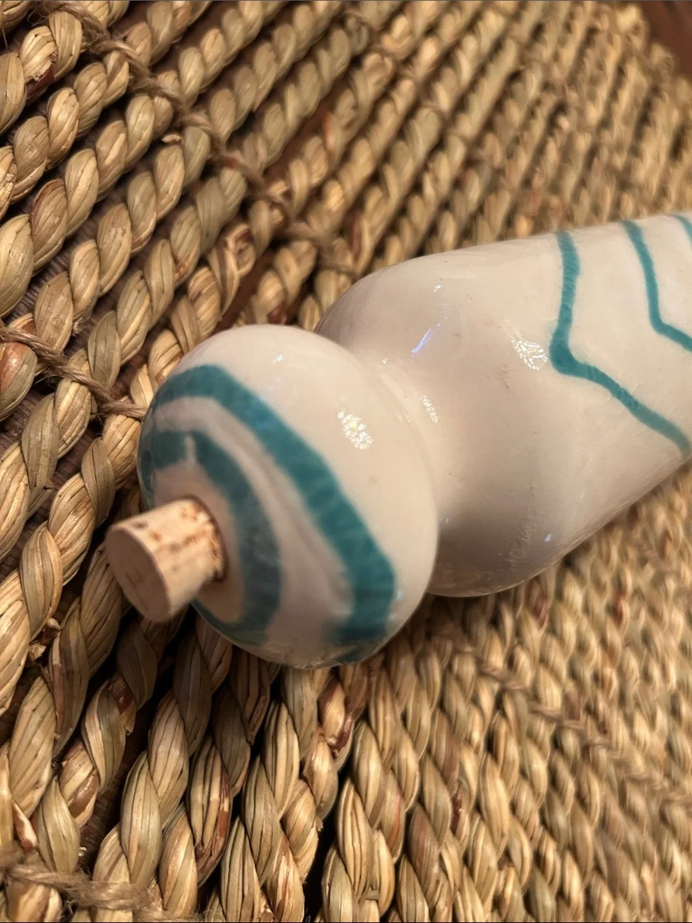 Anthropologie White Ceramic Rolling Pin with Teal Chevron Accent